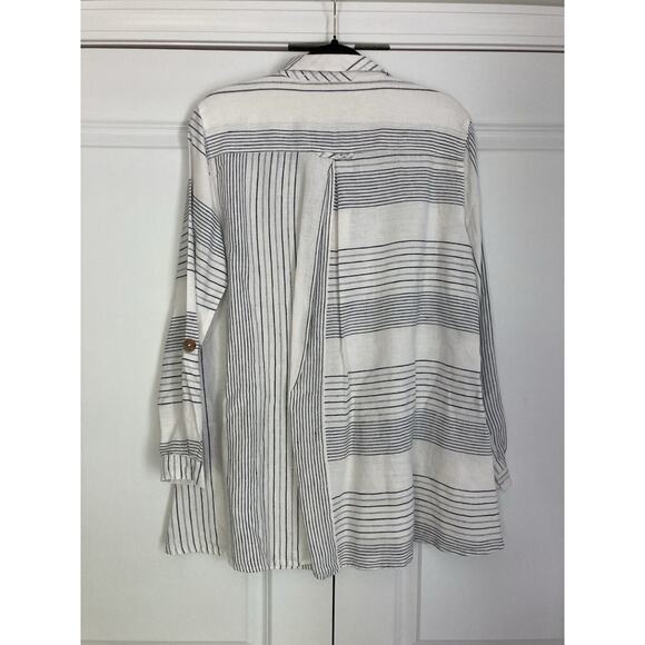 John Mark Stripe Linen Roll Tab Collared Button Down Lagenlook Shirt Blouse Med - Picture 8 of 10